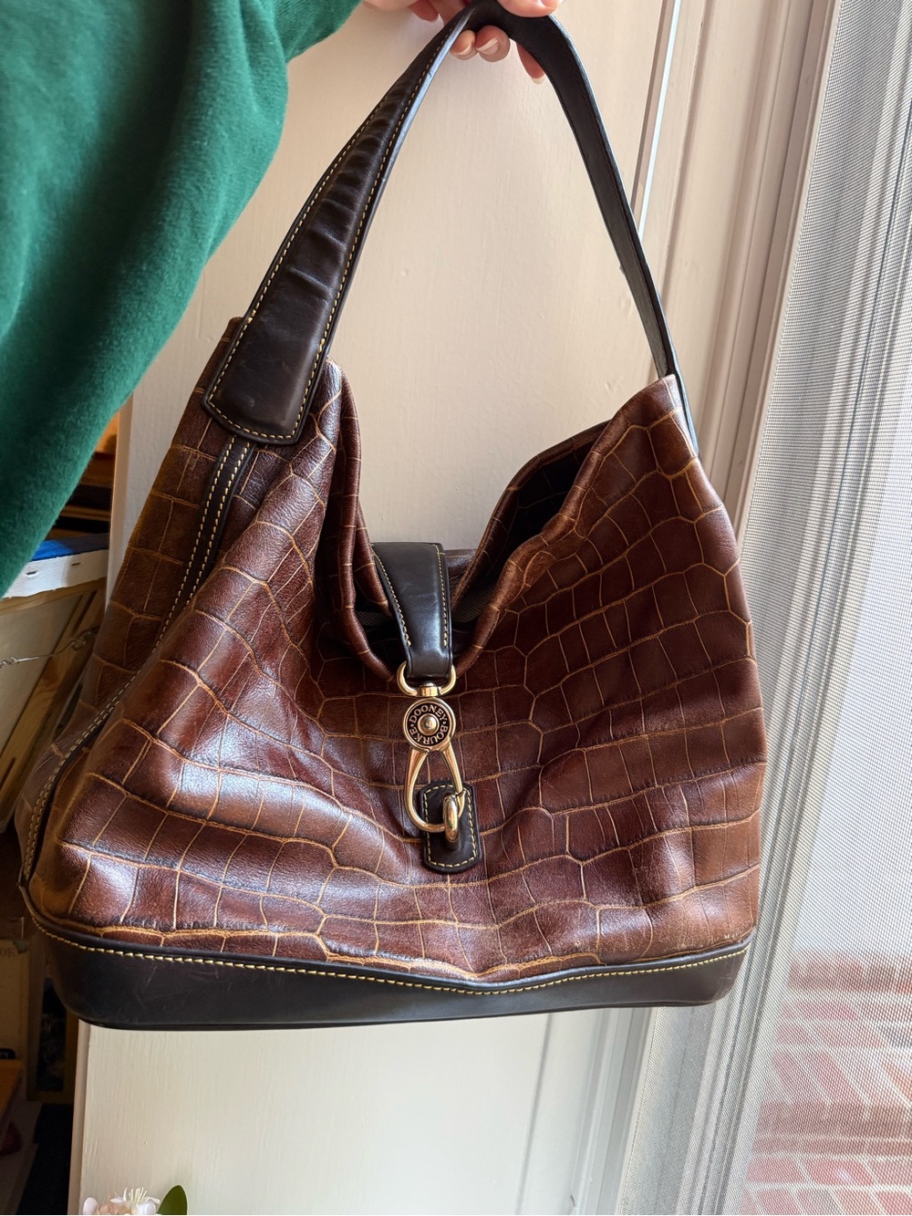 Dooney & Bourke Brown Croc-Embossed Leather Hobo with Dark Brown Trim
